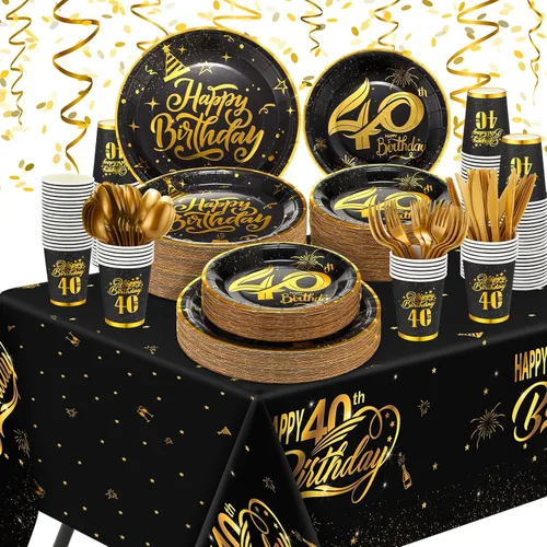Yaomiao 146 platos y servilletas de cumpleaños de 40 años, suministros para fiesta, vajilla de cumpleaños temática 40, suministros de fiesta vintage