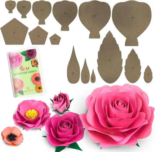 Miniatura 8 de Kit de plantillas de papel de margarita, dalia, zinnia y aster, plantillas de hojas de 5 a 18 pulgadas, libro de instrucciones incluido para flores