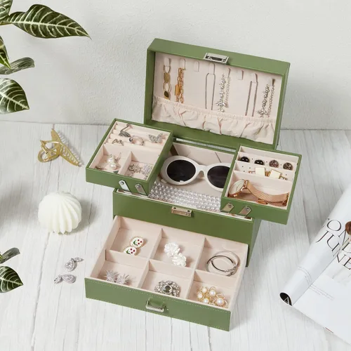 Miniatura 7 de Joyero de 3 capas grande de cuero organizador de joyas para mujeres y niñas, elegante y bien organizado para aretes, anillos, collares, pulseras