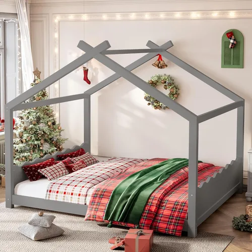 Miniatura 19 de Camas de madera Montessori tamaño individual, cama de plataforma para niños con cabecero y estribo, cama de tienda de campaña, no necesita somier