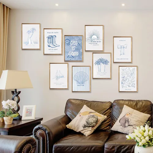 Miniatura 7 de 9 Piezas Arte de Pared Cristiano Costero Azul Pósteres de Conchas Marinas Versículos Bíblicos Inspiradores Océano Playa Estrella de Mar Palmera