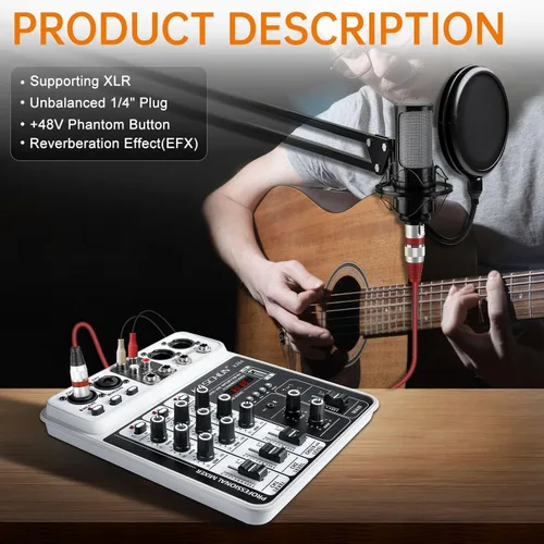 Miniatura 6 de Mezclador profesional de audio DJ de 4 canales, tablero de sonido Bluetooth con entrada USB MP3 y alimentación fantasma de 48 V para karaoke