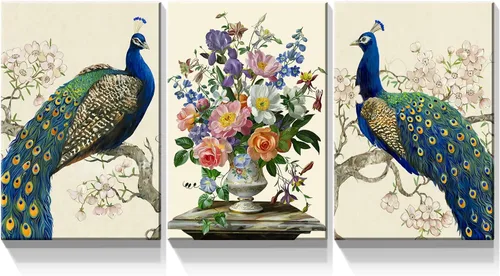 Miniatura 13 de Denozer Lienzo decorativo para pared, 3 paneles, 24 x 32 pulgadas, elegante, pavo real azul con imagen floral blanca, impresión de pintura de Art01