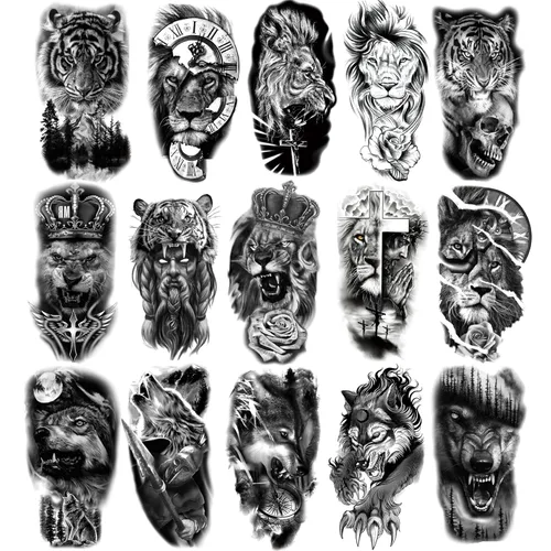 Tatuajes temporales de animales, 15 hojas de tigre negro león lobo tótem adulto tatuajes temporales, tatuajes falsos hombres