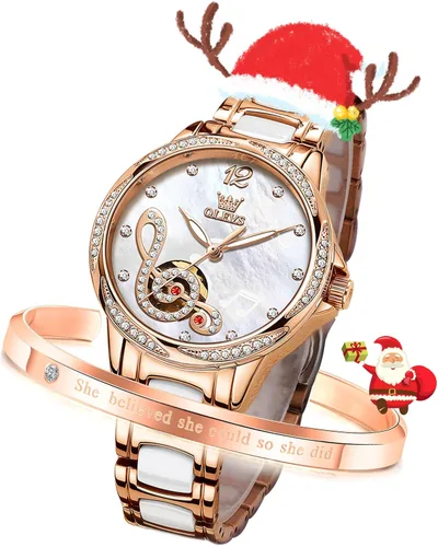 Miniatura 7 de OLEVS Relojes para mujer, de cuerda automática, oro rosa, diamante, reloj de pulsera mecánico automático, acero inoxidable, dos tonos, pulsera