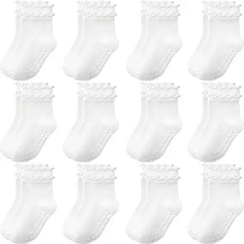 Calcetines antideslizantes para bebés y niñas pequeñas, con volantes, de algodón, lindos, paquete de 12 unidades, para niños de 6 meses a 7 años
