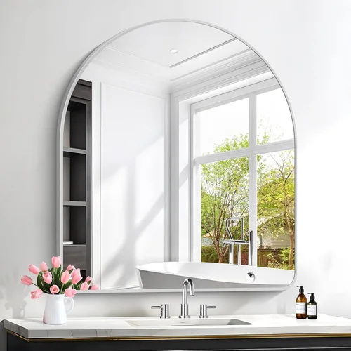 Miniatura 40 de FORBATH Espejo de baño arqueado de 16 x 24 pulgadas, espejo de baño negro montado en la pared, moderno marco de aleación de aluminio, espejo de arco