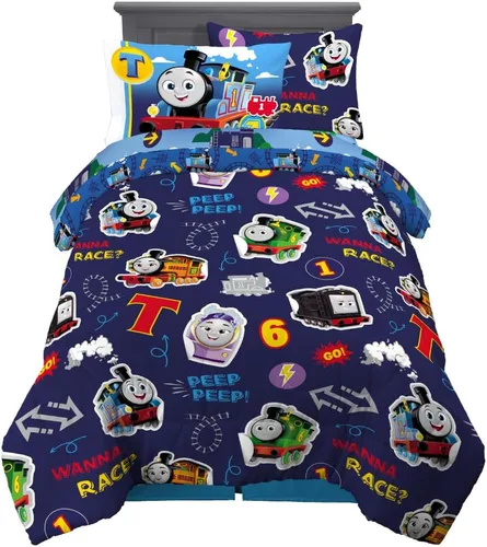 Franco Thomas & Friends - Juego de ropa de cama supersuave para niños, edredón y sábanas con funda de almohada, 5 piezas, tamaño individual, Thomas
