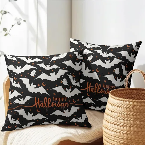 Miniatura 5 de Happy Halloween - Juego de 2 fundas de almohada decorativas de lino y algodón negro con diseño de murciélago blanco de 16 x 16 pulgadas, fundas