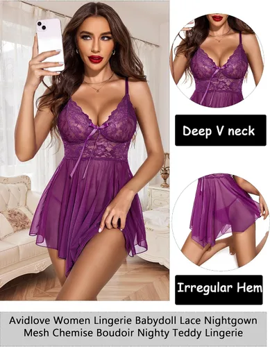Miniatura 2 de Avidlove Lencería para mujer, babydoll de encaje, camisón de malla, camisón de noche, lencería seductora
