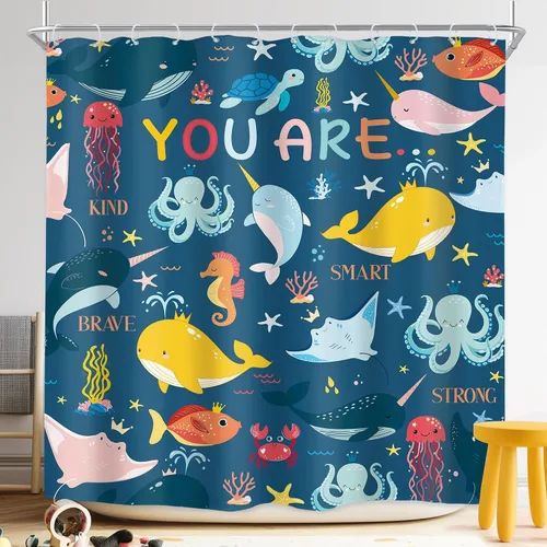 Miniatura 10 de Riyidecor Ocean - Cortina de ducha para niños, 60 pulgadas de ancho x 72 pulgadas de alto, diseño de ballena, dibujos animados, animales, delfín