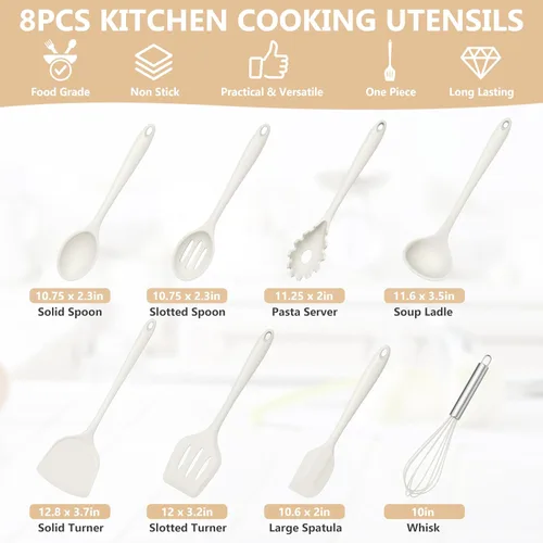 Miniatura 2 de TeamFar Juego de utensilios de cocina de silicona, 8 piezas, resistente al calor de 446 °F, espátula, cuchara, batidor, utensilios de cocina Blanco