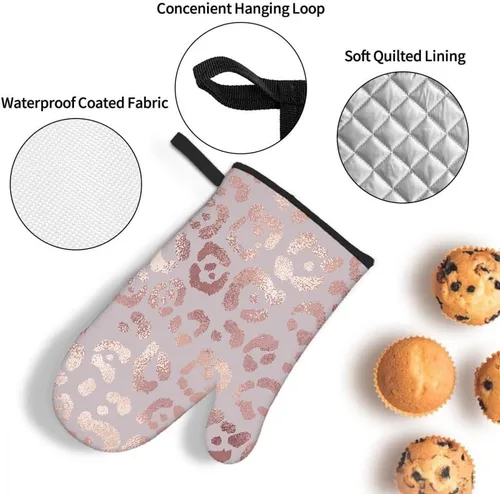 Miniatura 5 de Mxocom Juego de 3 guantes de horno y agarraderas de leopardo de oro rosa para cocina, cocina, hornear, asar a la parrilla, almohadillas calientes