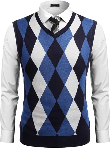 Miniatura 7 de COOFANDY Suéter sin mangas con cuello en V para hombre, ajustado, informal, con rombos