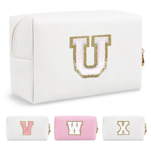 Miniatura 277 de Pequeña bolsa de maquillaje personalizada con inicial A-Z Preppy Patch, bolsa de cosméticos de viaje de felpilla blanca con cremallera, bonita bolsa
