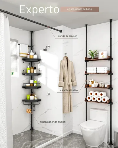 Miniatura 3 de ALLZONE Estantería esquinera para ducha con poste de tensión, poste extensible de acero inoxidable resistente a la oxidación y estantes ajustables