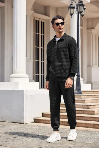 Miniatura 9 de COOFANDY Conjunto deportivo de 2 piezas para hombre, ajuste relajado, con media cremallera, para correr