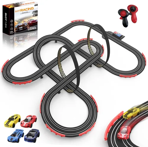 Sets de pista de carreras de coches de ranura de 32 pies con alimentación eléctrica para niños y niños, carreras dobles con 4 coches de alta