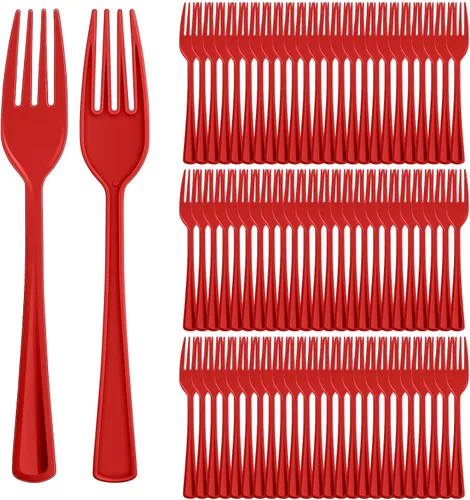 Roshtia - Juego de 100 tenedores de plástico rojo de 7.3 pulgadas, juego de cubiertos resistentes para el día de la independencia, 4 de julio,
