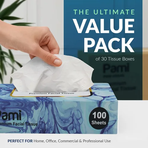 Miniatura 5 de PAMI Pañuelos faciales de alta calidad [30 cajas x 100 = 3000 pañuelos en total] – Cajas de pañuelos faciales a granel para oficina, escuela, hogar
