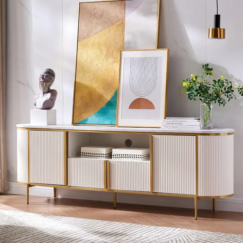 Miniatura 7 de OKD Soporte de TV acanalado de 70 pulgadas con almacenamiento, centro de entretenimiento superior de mármol sintético para televisores de hasta 80