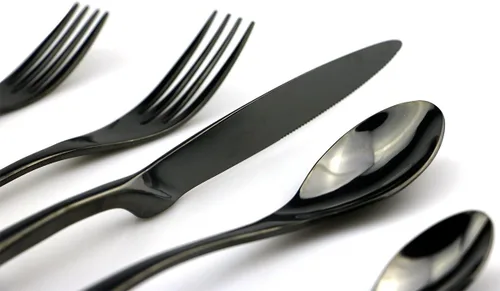 Miniatura 3 de JASHII Juego de cubiertos de acero inoxidable 18/10 de 20 piezas, color negro pulido con espejo, cuchillo de cena, tenedor de ensalada, cuchara
