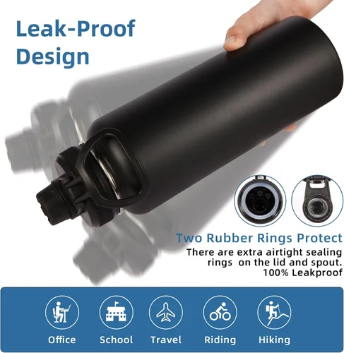 Miniatura 6 de Botellas de agua aisladas Volhoply en paquete de 4, de 40 onzas, de acero inoxidable, botella deportiva con asa de paracord y tapa con pitorro, Negro