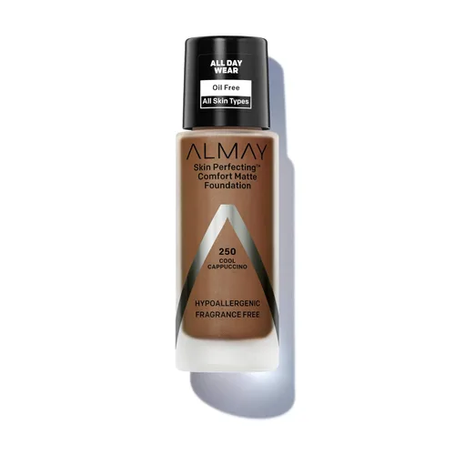 Almay Skin Perfecting Comfort Base Mate, Hipoalergénica, Libre de Crueldad-Sin Fragancia, Maquillaje Líquido Probado por Dermatólogos, Capuchino
