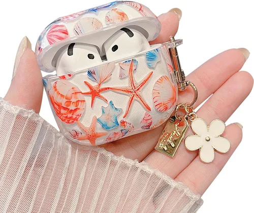 Miniatura 23 de MINSCOSE Compatible con AirPods Pro de 2ª/1ª generación, bonito diseño de patrón de conchas y estrellas de mar con llavero, funda protectora de TPU