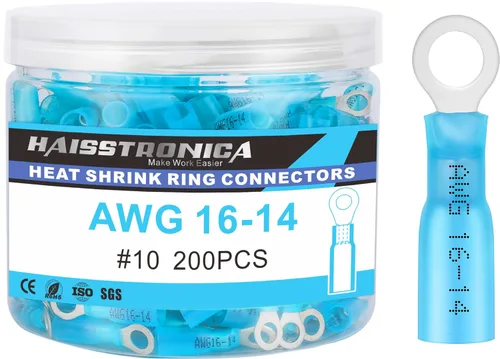 Miniatura 19 de Haisstronica - 200 conectores de anillo termorretráctil de calibre 1/4" de grado marino, conectores de alambre azul AWG 16-14, conectores de anillo