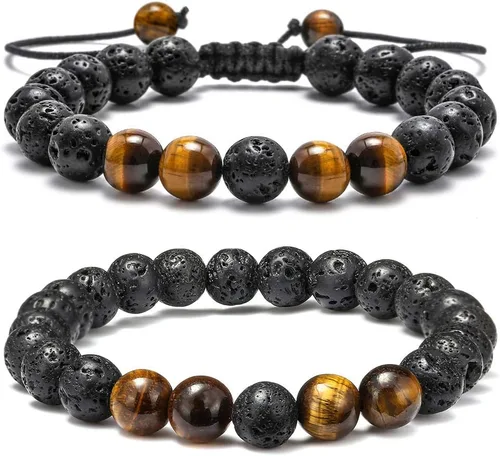 M MOOHAM - Pulseras de piedra natural para hombre, ojo de tigre de 516 de pulgada, ágata mate, piedra de lava, regalos para niños y adolescentes,
