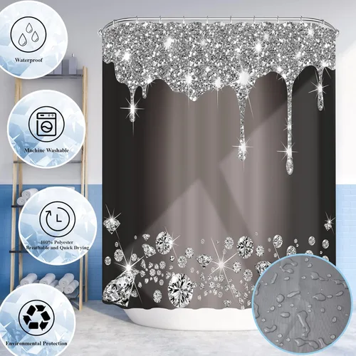Miniatura 5 de 4 piezas de juego de cortina de ducha con destellos de diamantes, decoración de baño negra y plateada con goteo brillante con tapete y funda