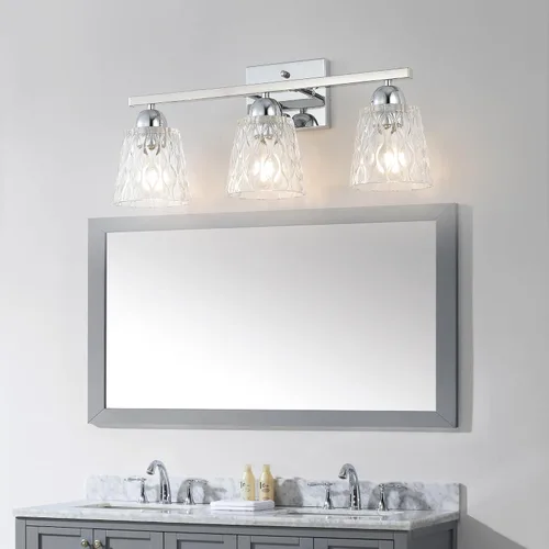 Miniatura 7 de Mecgirn Lámpara de Tocador de Baño de Acero Inoxidable Sobre Espejo, 3 Luces de Baño de Cromo Pulido con Soportes de Vidrio Texturizado, Iluminación