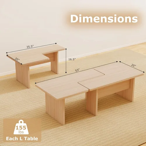 Miniatura 2 de Giantex Juego de 2 mesas de centro en forma de L, mesa central modular anidable con acabado de grano, mesas modernas de sala de estar de mediados