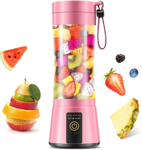 Licuadora portátil inalámbrica de tamaño personal – Licuadora sin BAP para hacer batidos y batidos, taza de jugo de 12 onzas con 6 cuchillas, se Rosa