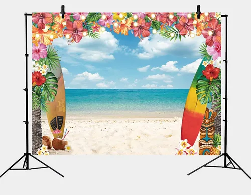 Miniatura 7 de Fondo de playa hawaiana para verano, cielo, océano, palmera tropical, tabla de surf, fondo de fotografía, baby shower, decoración de fiesta