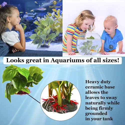 Miniatura 6 de SunGrow Planta de hojas de plástico, base de cerámica resistente, lugar para esconderse para peces, betta, pez ángel, peces dorados, rana, pitón
