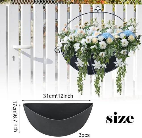 Miniatura 2 de 3 forros semicirculares de tela para macetas de 12 pulgadas, forro de fieltro de coco, alternativa para colgar en la pared, cesta de flores, 3