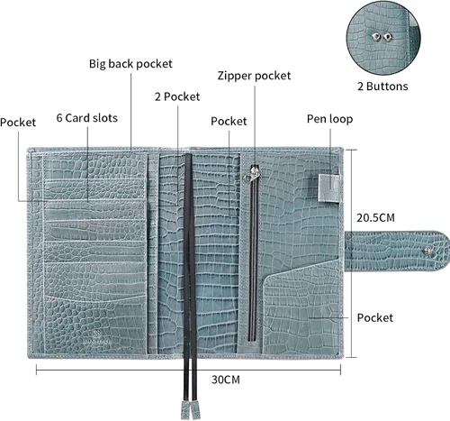 Miniatura 3 de Funda de planificador B6 con cremallera y gran bolsillo trasero, cuero con estampado de cocodrilo (Croc Steelblue)