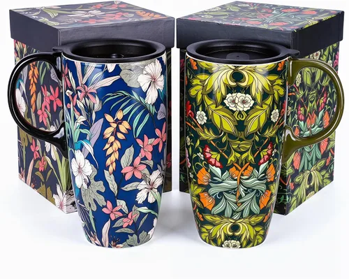Taza de Café de Cerámica de Porcelana con Tapa para Lata de Té 17oz. Azul y Verde, 2 Piezas
