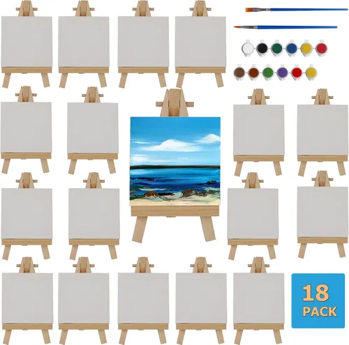 Miniatura 2 de Mini lienzos con juego de caballete, paquete de 18, 3 x 3 pulgadas, 18 mini caballetes de 5 pulgadas y 2 juegos de pintura y pinceles, lienzo