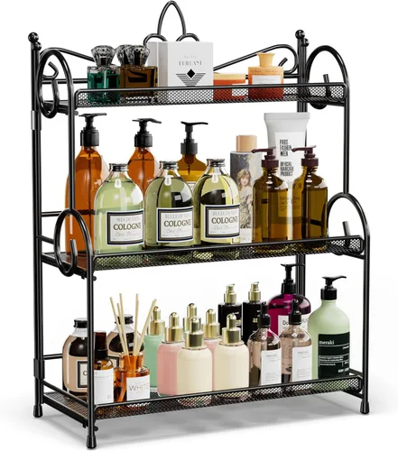 YIUKEA Organizador de baño para encimera, organizador de especias de 3 niveles, organización de mostrador y almacenamiento para baño, cocina, Negro
