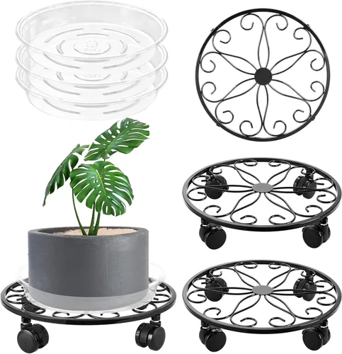 Miniatura 10 de Paquete de 6 soportes de metal para plantas con ruedas de 12 pulgadas con ruedas, soporte de hierro forjado resistente, rodillos para plantas