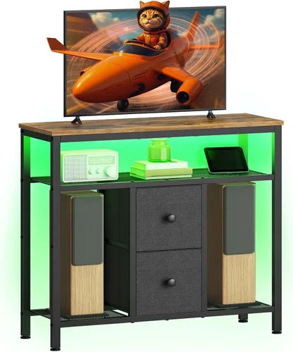 YATINEY Soporte de TV con luces LED, soporte de TV para aparador, centro de entretenimiento alto con 2 cajones de tela, mesa consola multimedia,