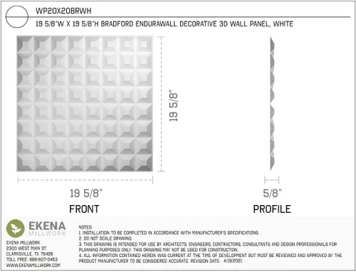 Miniatura 2 de Ekena Millwork WP20X20BRWH 19 5/8 pulgadas de ancho x 19 5/8 pulgadas de alto Bradford EnduraWall Decorativo 3D Panel de pared cubre 2.67 pies