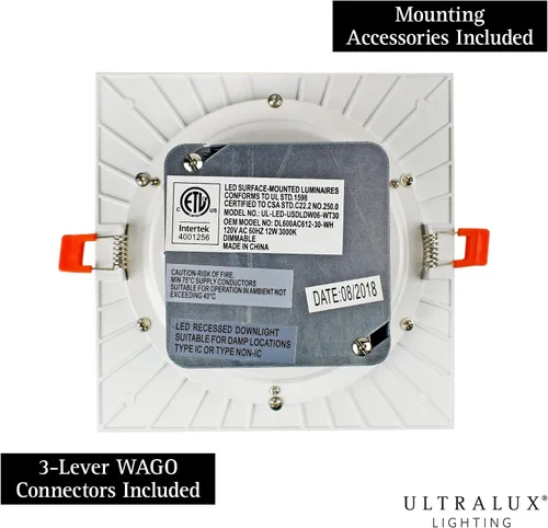 Miniatura 5 de Ultralux Foco empotrable LED ultrafino de 7 pulgadas con cable directo cuadrado regulable con caja J, 750 lúmenes 3000K, blanco minimalista con kit