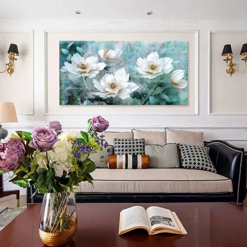 Miniatura 6 de Arte de pared de rosas abstractas para sala de estar, pintura verde gris de 30 x 60 pulgadas, pinturas de acuarela flores floribunda enmarcadas
