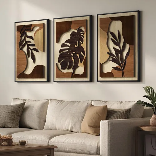 Miniatura 11 de Arte de pared de madera 3D con textura bohemia 3D para dormitorio, 3 piezas de arte de madera tallada botánica tropical para paredes, hoja de Marrón