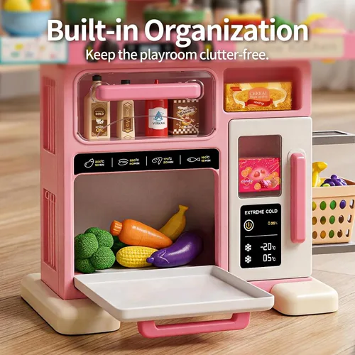 Miniatura 5 de Juego de cocina para niños de 33.8 pulgadas con sonido y luz, estufa de cocina con vapor, fregadero de juegos y accesorios de cocina de juguete, Rosa