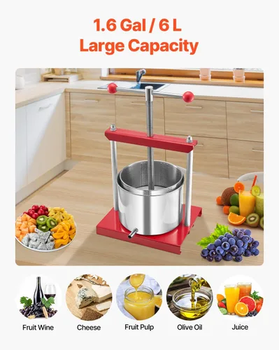 Miniatura 3 de Happybuy Prensa de vino de frutas de 1.6 galón/6L con 2 barriles de acero inoxidable, máquina de jugo manual para sidra, manzana, uva y aceite